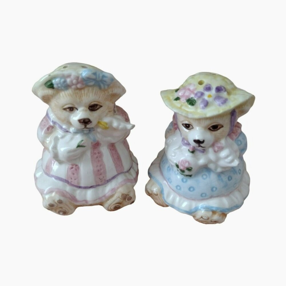 Vintage Bear Salt & Pepper Shakers Porcelain Hand-Painted Floral Dresses & Hats
